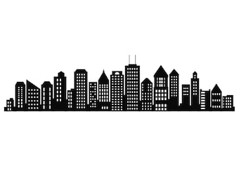 May include: Black and white silhouette of a city skyline with tall buildings.