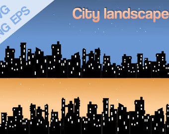 May include: Two illustrations of a city skyline at night. The top illustration has a blue sky with white stars. The bottom illustration has an orange sky with white stars. Both illustrations have a black silhouette of a city skyline with windows.