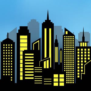 Może przedstawiać: Czarna sylwetka krajobrazu miejskiego z różnymi drapaczami chmur i budynkami na tle niebieskiego gradientu. Okna budynków są podświetlone na żółto, tworząc kontrast.