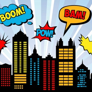 Superhero City Skyline Landschaft, 2 * 4 Meter, Superheld Gebäude, Gebäude Stadtsilhouette PNG SVG Wolkenkratzer Superheld Stadt Urban SVG