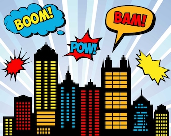 Superhero City skyline landscape, 7*4 feet,superhero buildings, building City silhouette PNG SVG skyscrapers superhero city Urban SVG