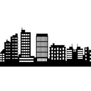 May include: A black and white silhouette of a city skyline. The image features various buildings, including skyscrapers, apartment buildings, and other structures, all in a minimalist style. The buildings are of different heights and shapes.