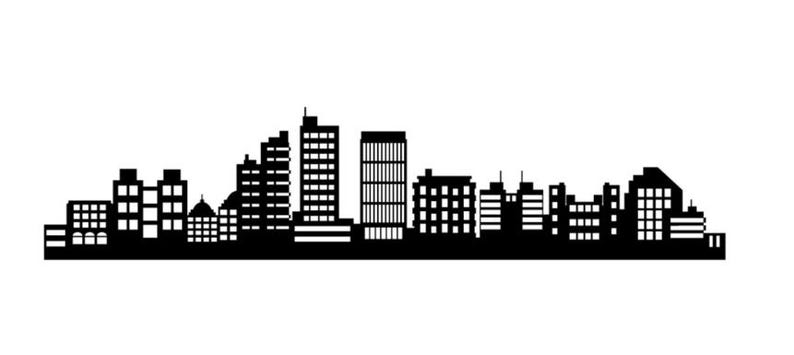 May include: A black and white silhouette of a city skyline. The image features various buildings, including skyscrapers, apartment buildings, and other structures, all in a minimalist style. The buildings are of different heights and shapes.