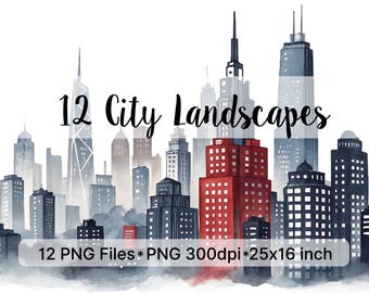 Watercolor wall art City Skyline PNG – 12 Urban Clipart Designs (Digital Download)