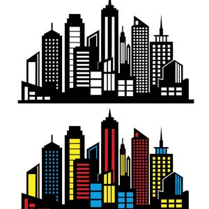 Könnte beinhalten: Zwei Illustrationen von Stadtbildern. Das obere Stadtbild ist schwarzweiß. Das untere Stadtbild ist farbig mit roten, gelben und blauen Gebäuden.