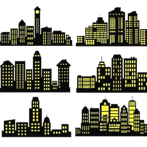 Può includere: Una collezione di dieci silhouette di città nere con finestre gialle. Ogni città presenta una disposizione diversa di edifici, tra cui grattacieli, torri ed edifici più piccoli.