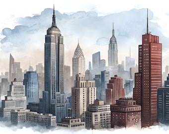 12 PNG New York skyline Urban Skyline Art  – Printable Watercolor City Views,wall decor