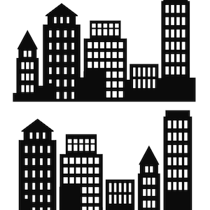 Può includere: Due illustrazioni in bianco e nero di skyline di città con edifici alti. La prima skyline ha sette edifici, la seconda ne ha sei.