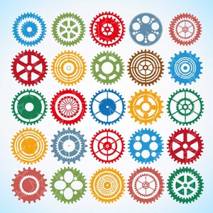 Puede incluir: Una colección de veinticinco ilustraciones de engranajes coloridos en varios diseños. Los engranajes son en tonos de rojo, azul, verde, amarillo y marrón, con un fondo azul degradado. Los engranajes son de diferentes tamaños y estilos.