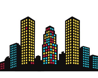 Superhelden stadsgezicht clipart: Skyline gebouwen SVG, PNG, PDF sublimatieontwerpen