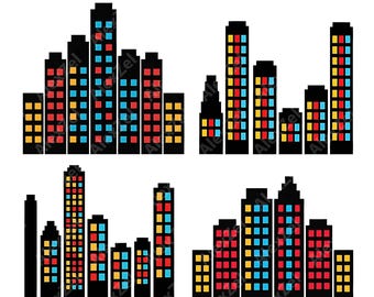 Stadsgezicht clipart: Silhouetten van superheldengebouwen, printbare png-afbeeldingen