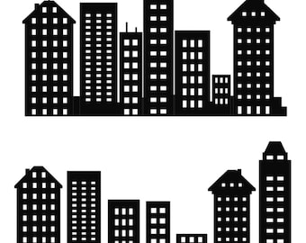 Imágenes prediseñadas de horizonte urbano: siluetas de edificios de superhéroes (svg, png, eps, dxf, ai)