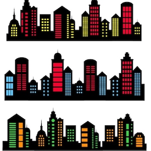 May include: Three different city skylines with black silhouettes of buildings and colourful windows. The first skyline has red, yellow, and blue windows. The second skyline has red, blue, and light blue windows. The third skyline has green, orange, and yellow windows.