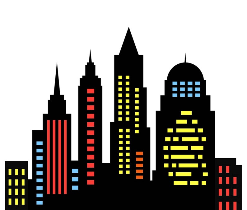 City skyline clipart, superhero buildings, and building City silhouette PNG SVG Clip art of skyscrapers and superhero city constructions image 1