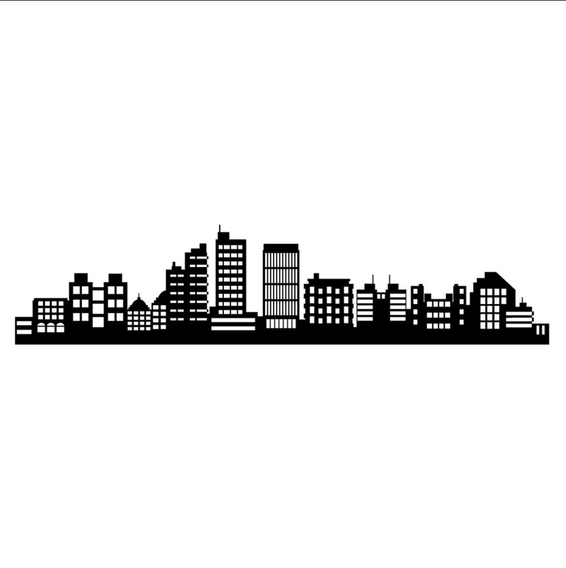 May include: A black and white silhouette of a city skyline. The image features various buildings, including skyscrapers and smaller structures, creating a detailed urban landscape. The design is simple and graphic, suitable for wall art or decor.