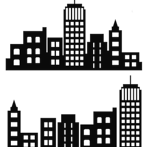 Clipart superheld gebouwenblok en landschap set silhouet stad wolkenkrabber illustraties zijn beschikbaar voor afdrukken en knutselen. PNG, SVG, DXF