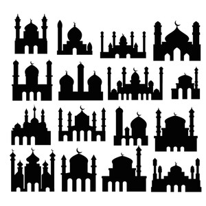 May include: A collection of black silhouette illustrations of mosques, featuring domes, minarets, and crescent moon details. The designs vary in shape and size, suitable for Islamic-themed projects.