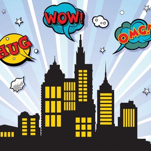 May include: A pop art style illustration of a city skyline in silhouette, with yellow lit windows. Comic book style speech bubbles with the words "WOW!", "OMG!", and "HUG" are scattered across a blue and white background.