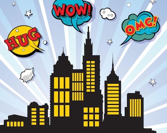 Wall art decor  City Skyline Clipart: Superhero Buildings Silhouette (PNG, SVG)