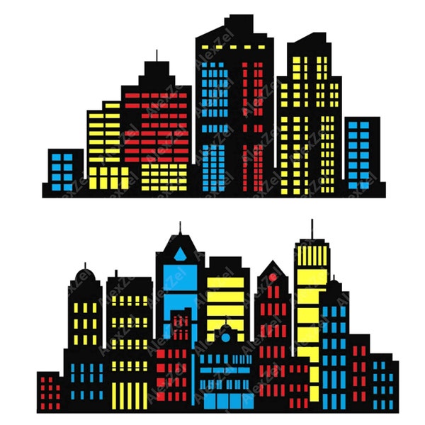 Superhero buildings 10*5 feet and skyline city buildings PNG city silhouette in SVG cityscapes with skyscrapers and superheroes