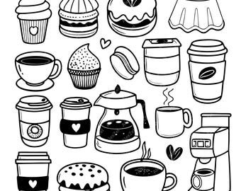 20 PNG  coffee, sweet treats, and bakery items in a doodle line art style, perfect for cafes