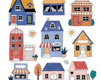 14 PNG SVG Houses gingerbread Clipart   collection of colorful houses, shops, and cafes