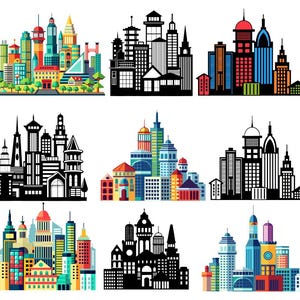 Pode incluir: Nove ilustrações coloridas de paisagens urbanas. As imagens apresentam edifícios em várias cores, incluindo vermelho, azul, verde e amarelo. Algumas são silhuetas, enquanto outras têm janelas detalhadas e características arquitetónicas.
