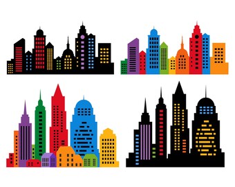 Edificios de superhéroes bloque conjunto y horizonte 7*3.5 pies edificios de la ciudad PNG silueta de la ciudad en paisajes urbanos SVG con rascacielos y superhéroes