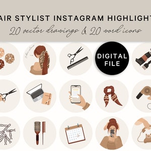 Hair Stylist Instagram Highlight Icons, Hair Dresser Instagram Stories Cover, Hairdresser Illustrations, Minimal Hair Drawing