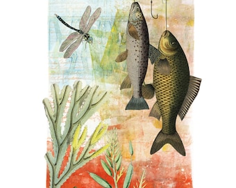 Wall decor, fishing passion, old fashioned illustration, fish, seaweed, dragonfly, hooks, digital collage - Fishing day