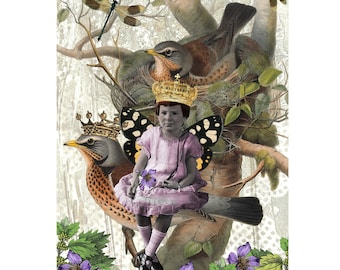 Poetic wall decor, vintage picture, birds, little girl, illustration to be mounted, digital collage - My bird, king of the woods