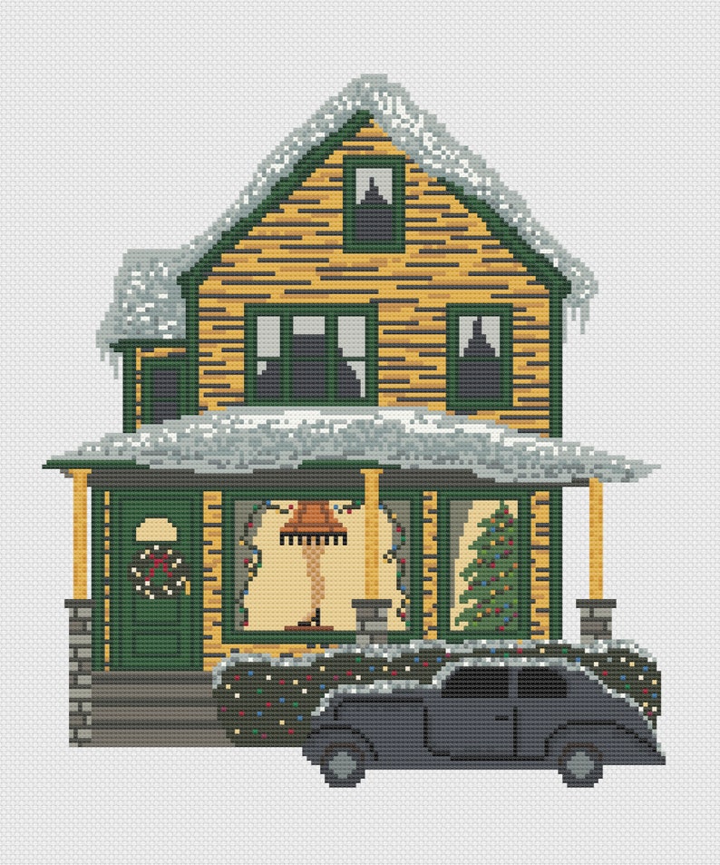May include: A yellow house with green trim and snow on the roof. The house has a porch with a wreath on the door and a Christmas tree in the window. A black car is parked in front of the house.