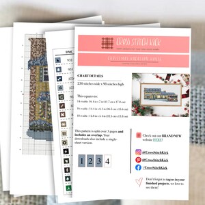 May include: A cross stitch pattern for a Christmas vacation house. The pattern is split over 3 pages and includes an overlap. The pattern is 230 stitches wide by 98 stitches high, which equates to 16.4 inches by 17.8 cm on 14 count Aida fabric.