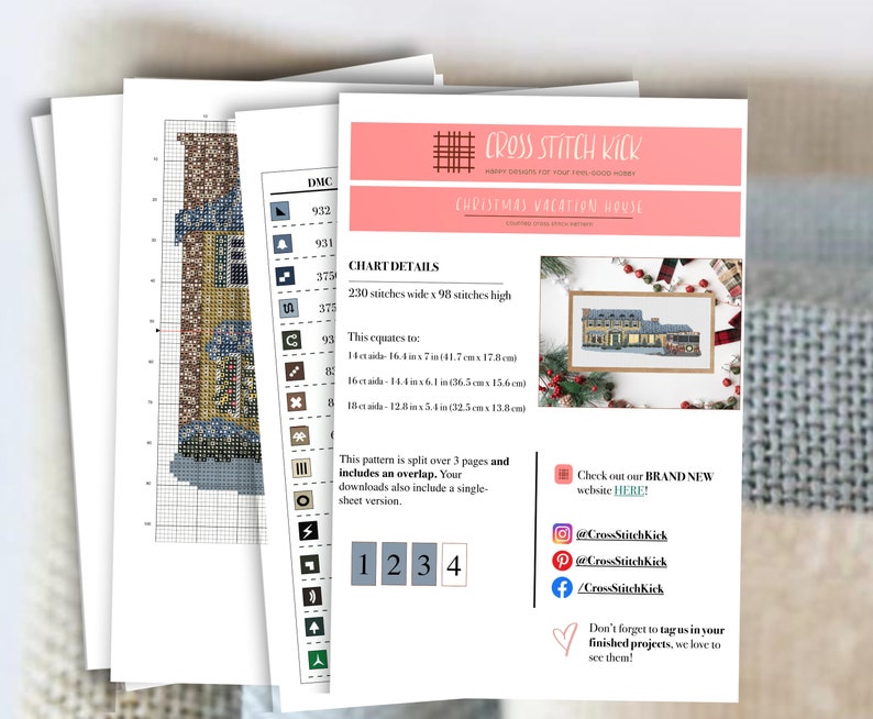 May include: A cross stitch pattern for a Christmas vacation house. The pattern is split over 3 pages and includes an overlap. The pattern is 230 stitches wide by 98 stitches high, which equates to 16.4 inches by 17.8 cm on 14 count Aida fabric.