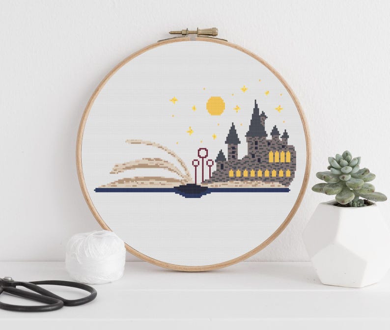 May include: A cross-stitch pattern of Hogwarts castle, a book, and the Deathly Hallows symbol on a white background.