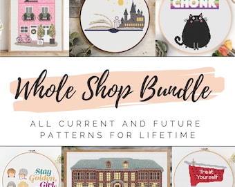 May include: A digital download bundle of cross stitch patterns. The patterns include a pink house, a book with a castle, a black cat with the word "CHONK" above it, a group of women with the text "Stay Golden, Girl", a red brick house with a van that says "DH-MAY", and a shopping cart with the text "Treat Yourself".