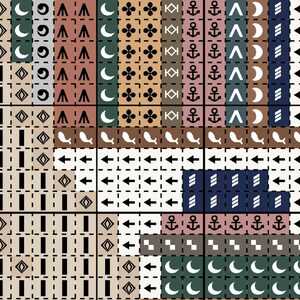 May include: A cross-stitch pattern featuring nautical and celestial motifs. The design incorporates anchors, moons, arrows, and floral elements in a grid-like arrangement. Colors include beige, brown, navy, and green, with white accents. The pattern is suitable for various craft projects.