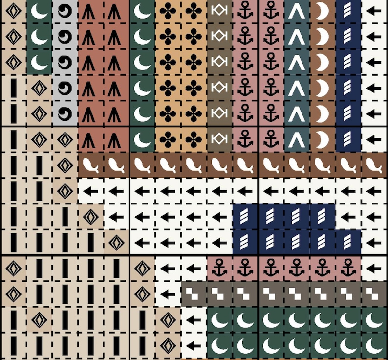 May include: A cross-stitch pattern featuring nautical and celestial motifs. The design incorporates anchors, moons, arrows, and floral elements in a grid-like arrangement. Colors include beige, brown, navy, and green, with white accents. The pattern is suitable for various craft projects.