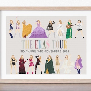 May include: A framed print of a concert poster for "The Eras Tour" by Taylor Swift. The poster features a collage of 14 different outfits worn by Taylor Swift during her tour. The poster also includes the text "The Eras Tour" and "Indianapolis - N2 - November 2, 2024".