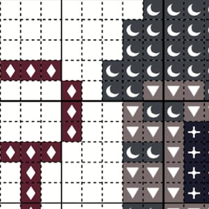 May include: Cross stitch pattern with a burgundy diamond shape on the left and a gray and white pattern on the right. The gray and white pattern includes crescent moons, triangles, and plus signs.