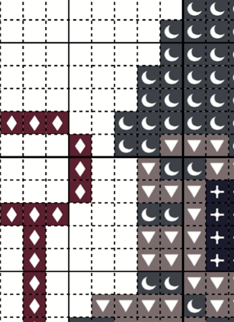 May include: Cross stitch pattern with a burgundy diamond shape on the left and a gray and white pattern on the right. The gray and white pattern includes crescent moons, triangles, and plus signs.