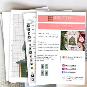 May include: A cross stitch pattern for a Christmas story house with a red roof, white trim, and a lit window. The pattern is split over four pages and includes an overlap. The pattern is 139 stitches wide and 159 stitches high, which equates to 9.9 inches by 11.4 inches on 14 count Aida fabric.