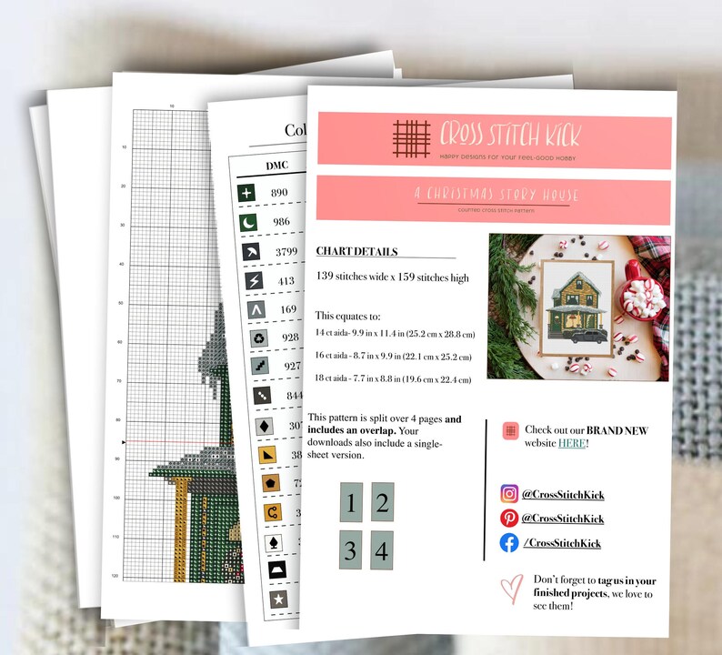 May include: A cross stitch pattern for a Christmas story house with a red roof, white trim, and a lit window. The pattern is split over four pages and includes an overlap. The pattern is 139 stitches wide and 159 stitches high, which equates to 9.9 inches by 11.4 inches on 14 count Aida fabric.