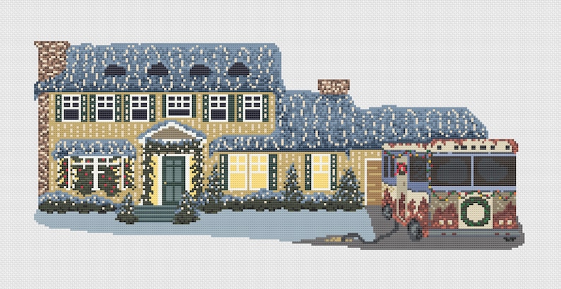 May include: A yellow house with a blue roof and snow on the roof. The house has a green door and windows. There are Christmas lights on the house and a Christmas tree in the window. A blue bus with Christmas lights and a wreath is parked in the driveway.