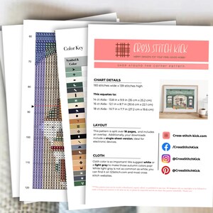 May include: A stack of cross-stitch pattern sheets. The top sheet features a pink banner with the text "Cross Stitch Kick" and a shop illustration. The chart details are listed, including measurements in inches and centimeters. The color key and layout are also shown.