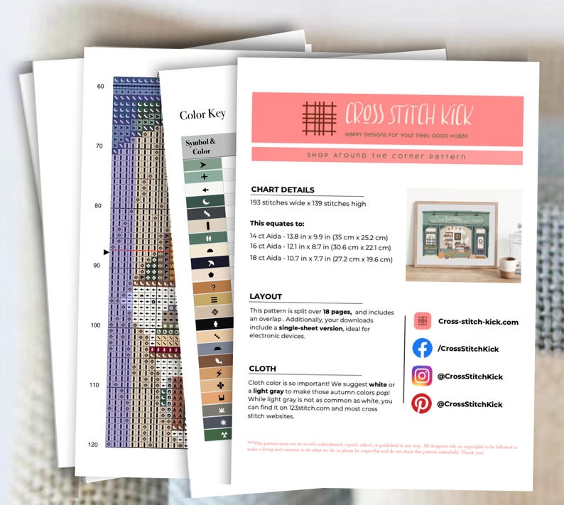May include: A stack of cross-stitch pattern sheets. The top sheet features a pink banner with the text "Cross Stitch Kick" and a shop illustration. The chart details are listed, including measurements in inches and centimeters. The color key and layout are also shown.
