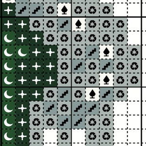 May include: Green and white cross stitch pattern with a crescent moon, plus signs, and other symbols. The pattern is on a white grid.