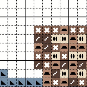 May include: Cross stitch pattern with brown, white, and beige colored thread. The pattern includes a variety of shapes, including crosses, squares, and circles.