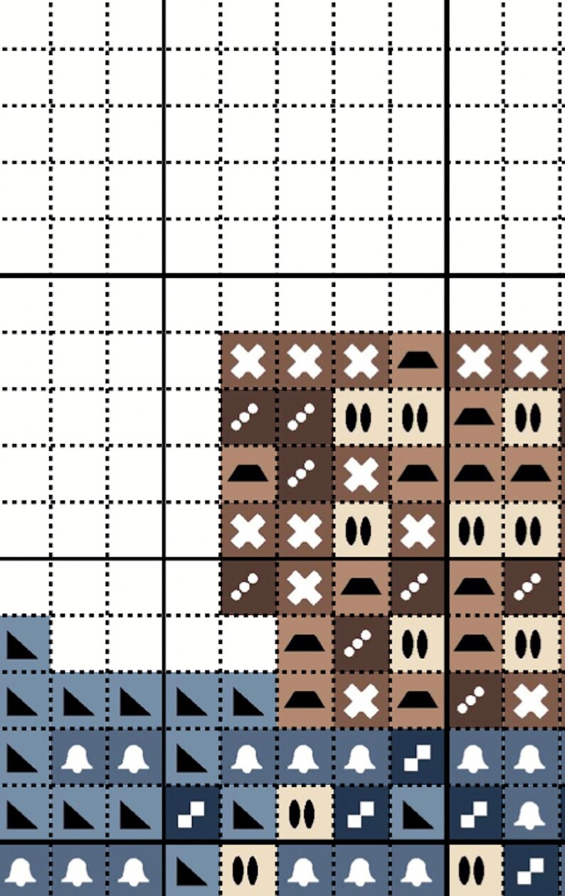 May include: Cross stitch pattern with brown, white, and beige colored thread. The pattern includes a variety of shapes, including crosses, squares, and circles.