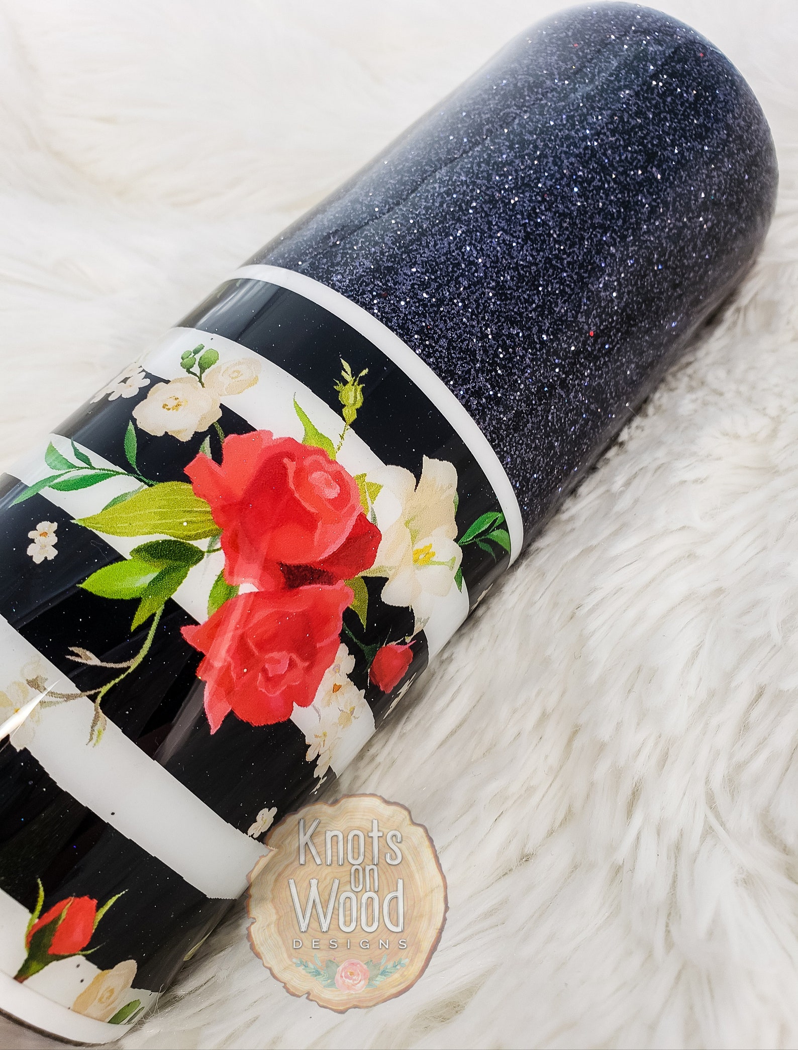 Black and Floral Striped Glitter Tumbler Split Tumbler Etsy